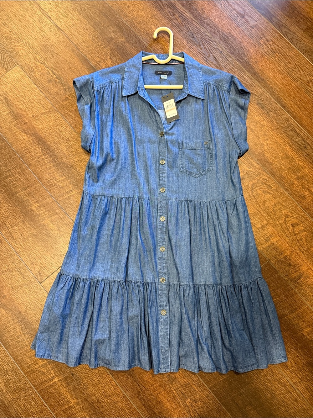 Tommy Hilfiger Blue Chambray Button-Front Tiered Midi Dress